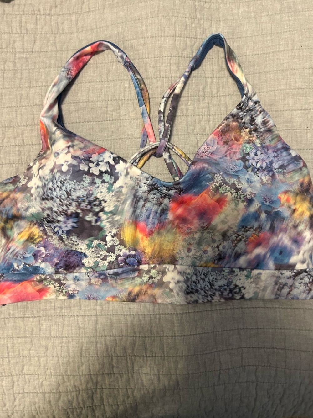 Athleta Multicolor Floral Strappy Sports Bra in Blue, Pink, Yellow